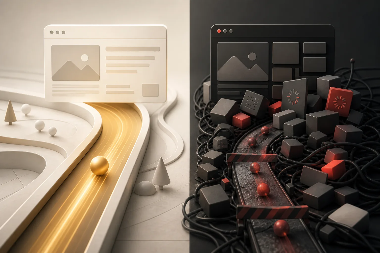 Conceptual comparison between a fast lightweight website and an overloaded slow experience