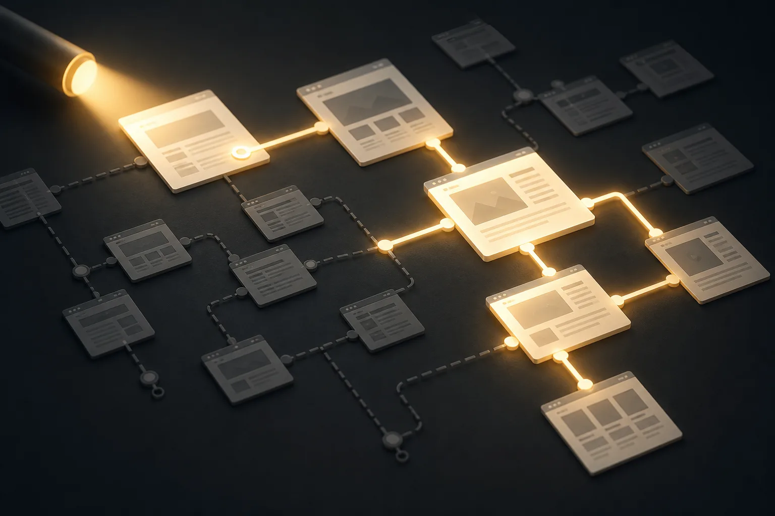 Search crawler discovery paths moving through internal links toward priority website pages
