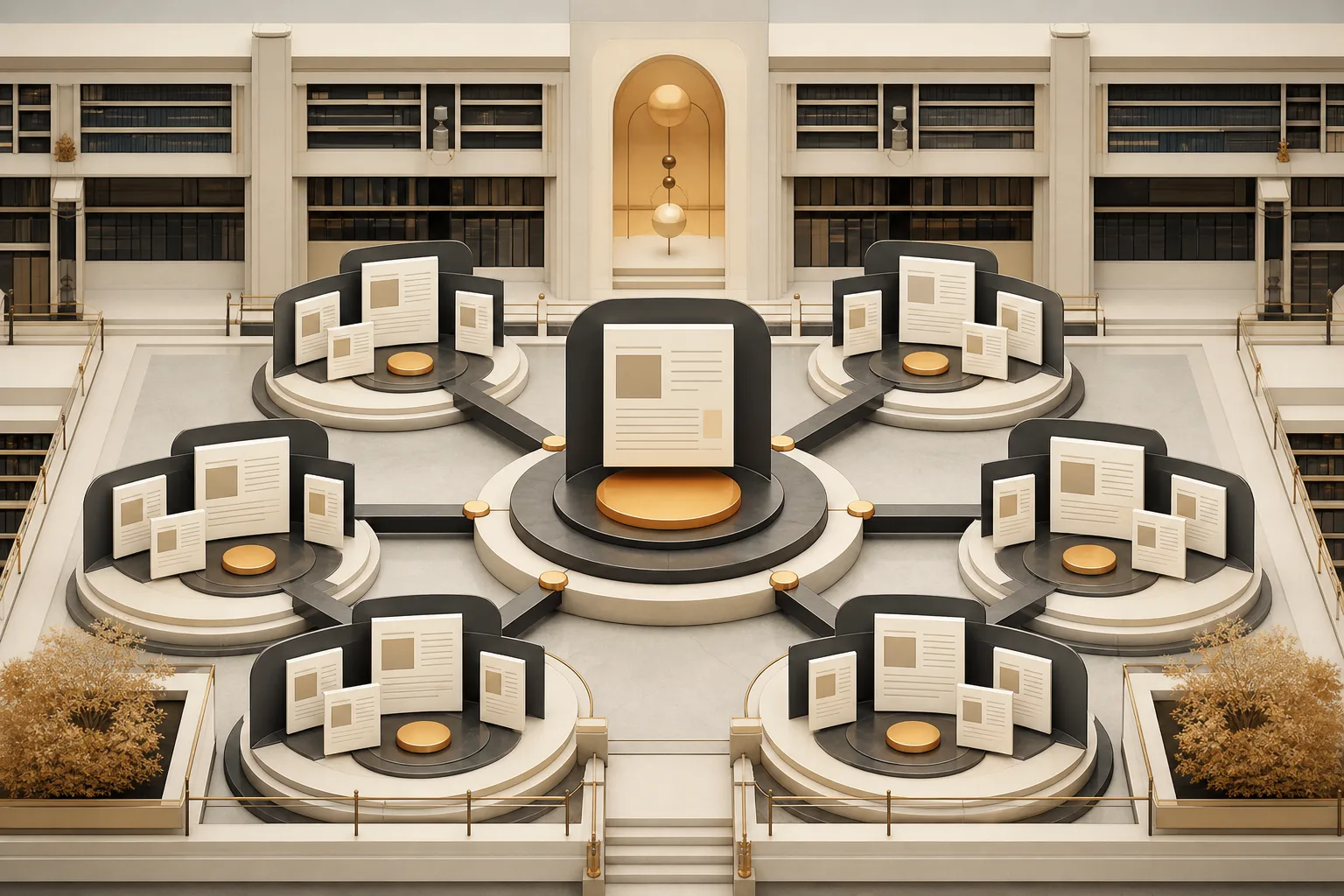 Organized topic cluster architecture with a central hub connected to supporting pages