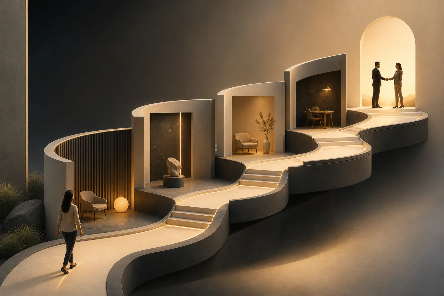 Architectural path representing the journey from visitor intent through proof and trust to an enquiry