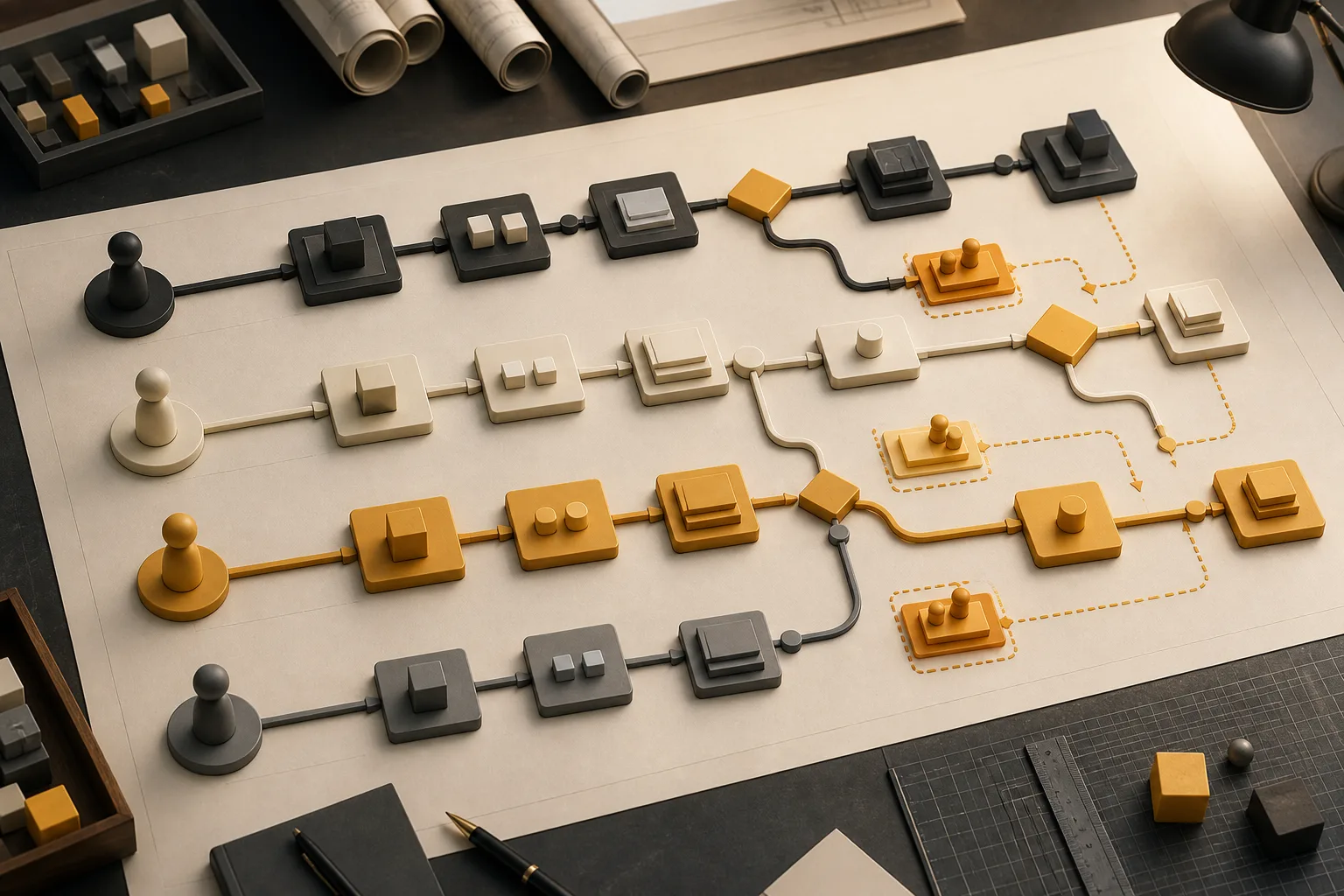 Mapped business workflow with stages decision points ownership lanes and exception branches