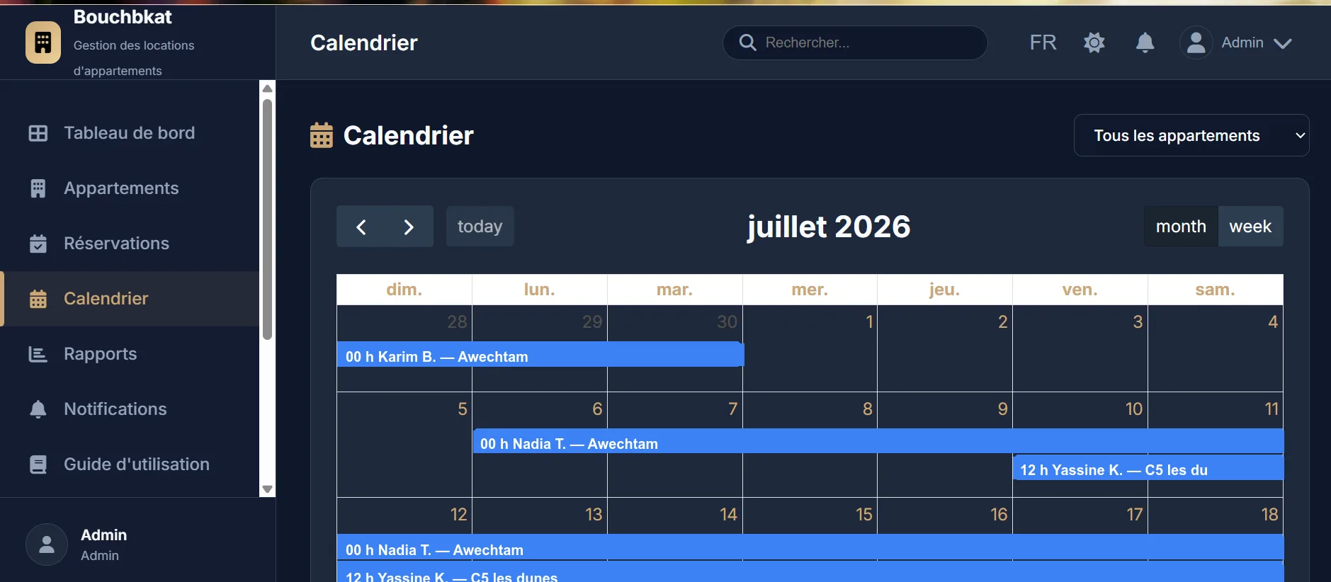 Bouchbkat colour-coded booking calendar with invented guest names across several apartments