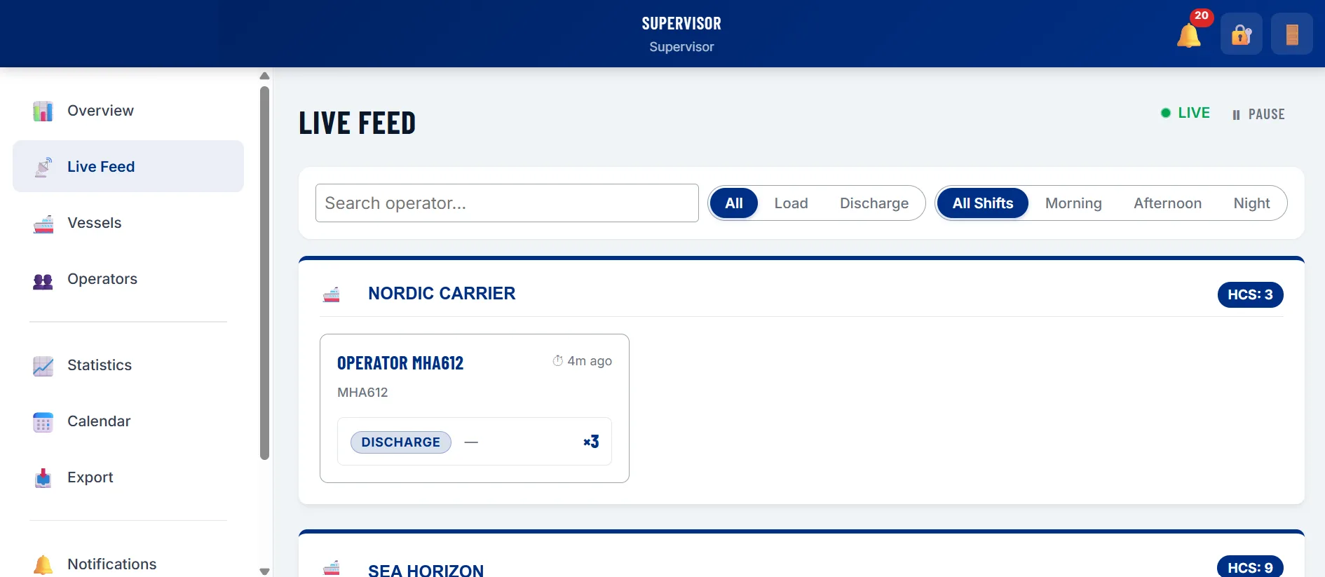 Hatch cover tracker supervisor live feed showing operations grouped by vessel, vessel names replaced with placeholders