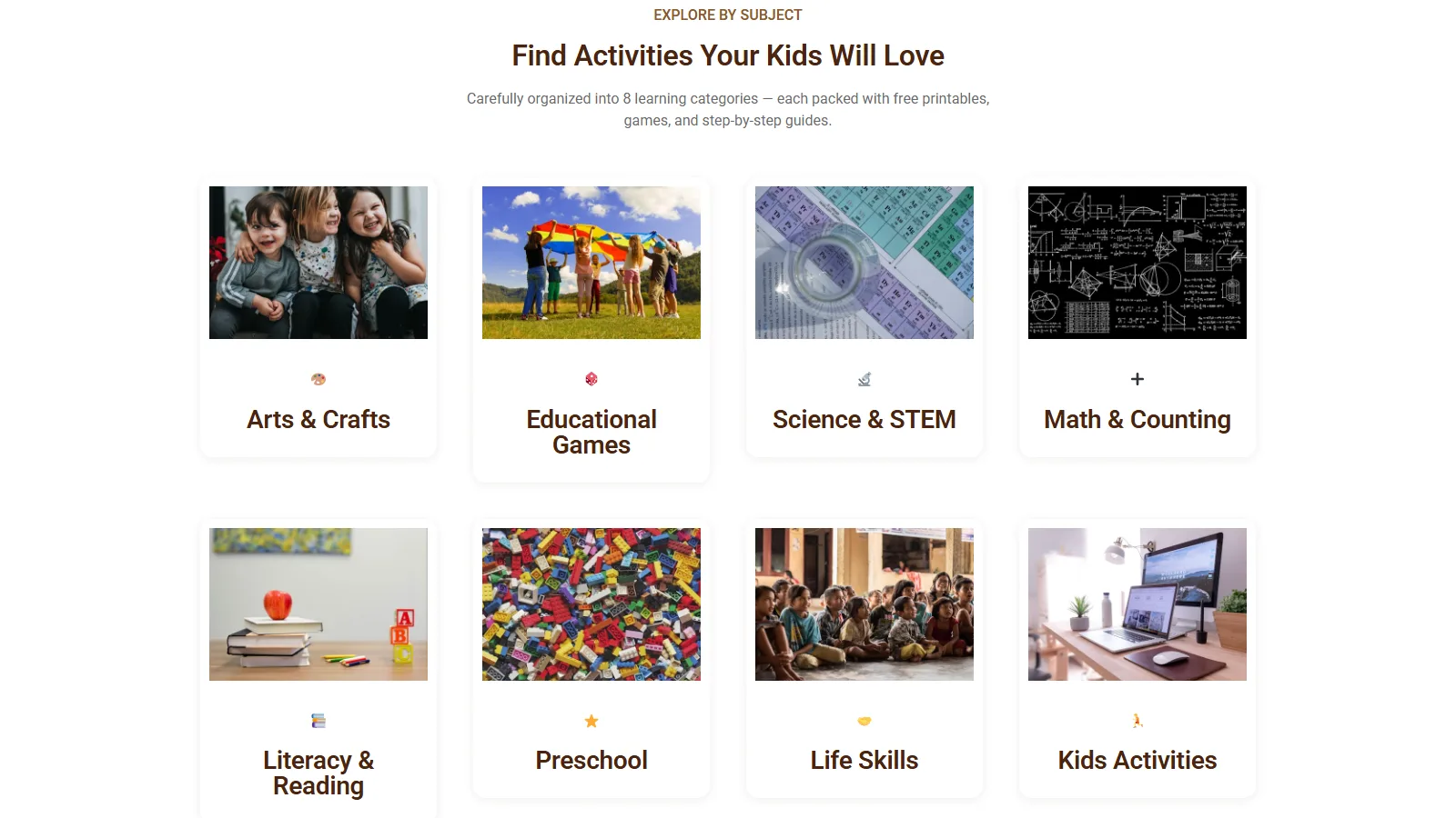 Kids Learn Home subject grid showing eight learning categories for children aged 3 to 12