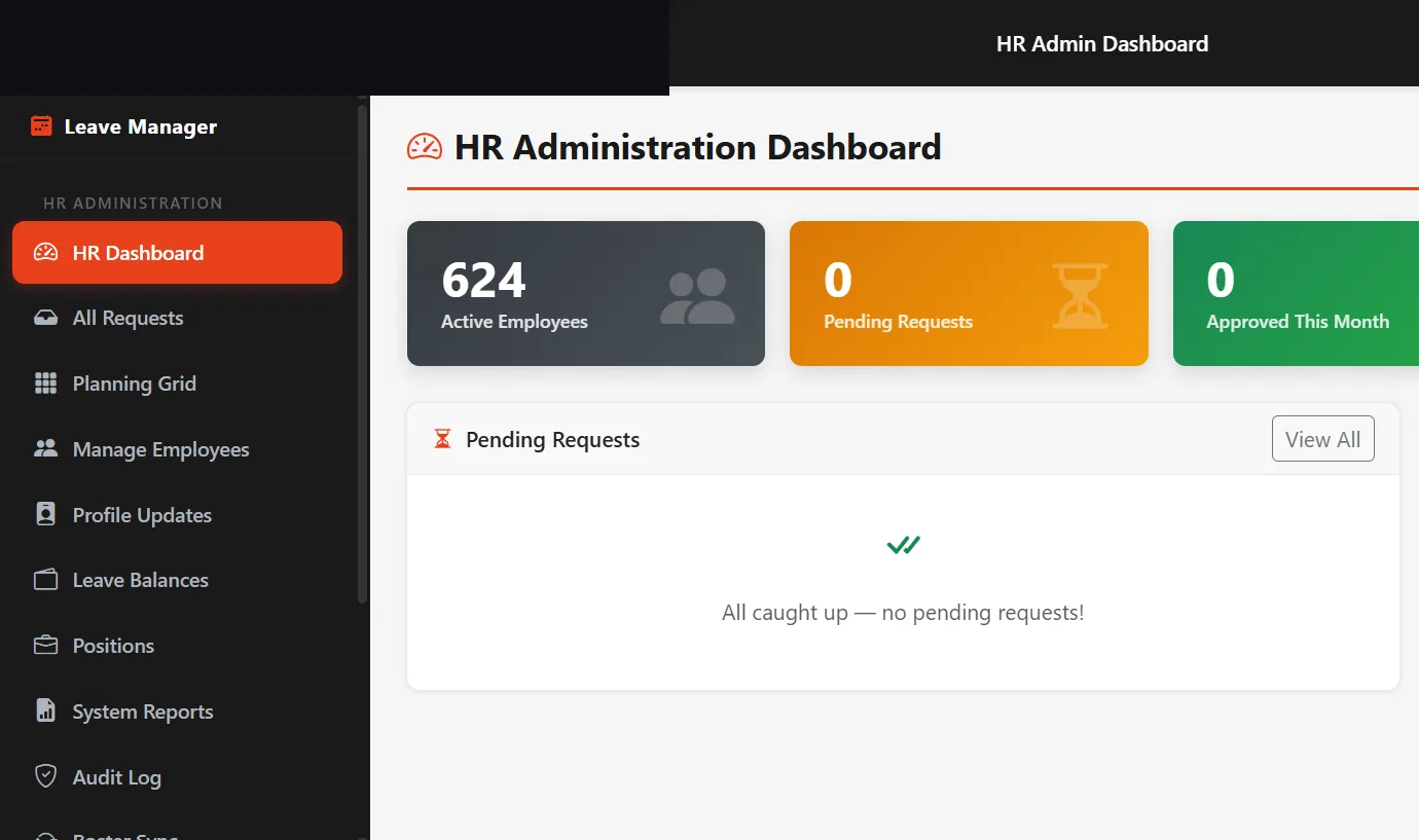 HR dashboard with KPI tiles including active employee count and a pending-requests panel