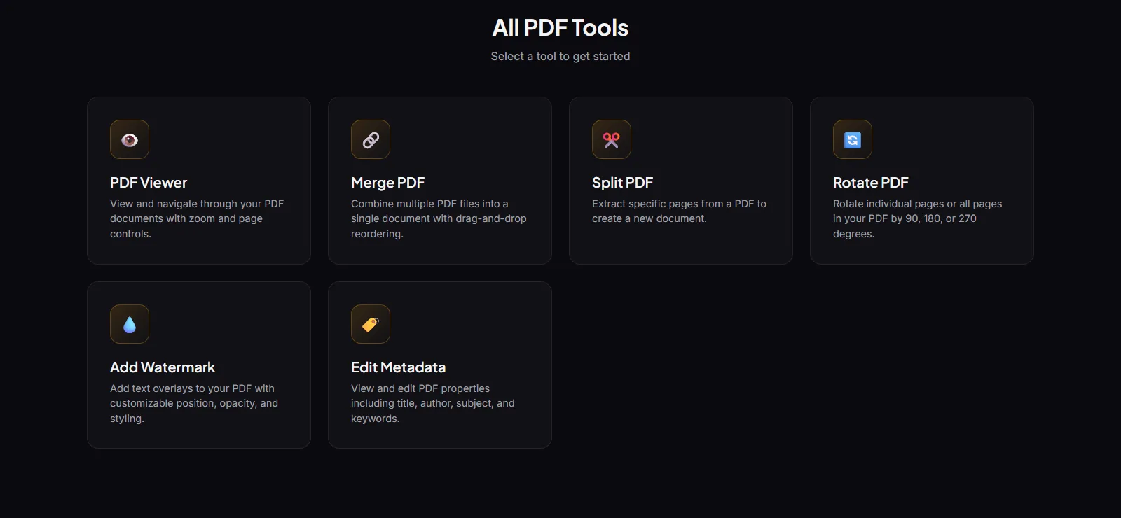 PDF Forge tool selection grid showing viewer, merge, split, rotate, watermark and metadata editor