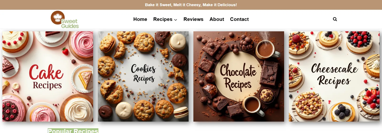 Sweet Guides homepage showing dessert recipe categories: cake, cookies, chocolate and cheesecake